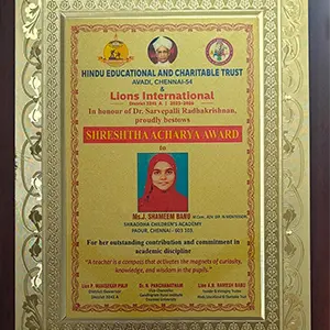 Ms.J. Shameem Banu has received the Shreshtha Acharya Award